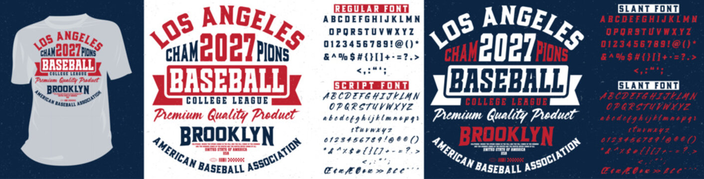 Vintage Los Angeles Baseball Champions 2027 College League Typography and T-Shirt Design Kit with serif and script font vector