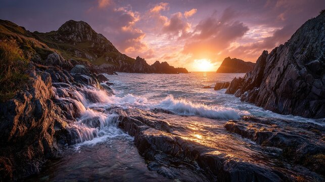Coastal sunset with sun on horizon, seabirds, water flowing over rocks like waterfall, and sea foam