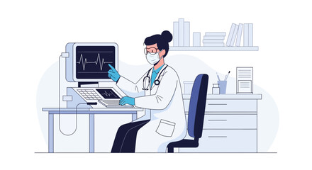 Fototapeta premium Doctor examines heart monitor data in clinic diagnostic room