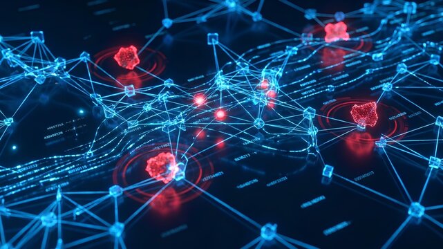 Glowing artificial intelligence network scanning abstract financial transaction data streams, red anomaly points isolated among blue data nodes, no readable text, no people, no logos, futuristic fraud