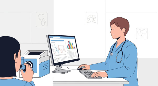 Doctor checking patient's lung function with spirometer on computer