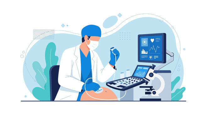 Doctor performs ultrasound scan with advanced medical equipment in clinic