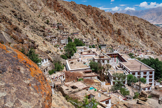 High angle view of Hemis Monastery nestled in the mountains of Ladakh, India
