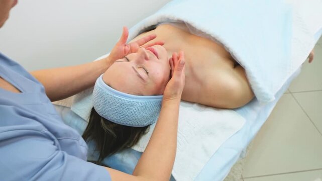 young woman lies on a spa bed enjoying a relaxing facial massage. A cosmetologist massages a female client's face for lymphatic drainage and lifting effects. Beauty, skincare concept.