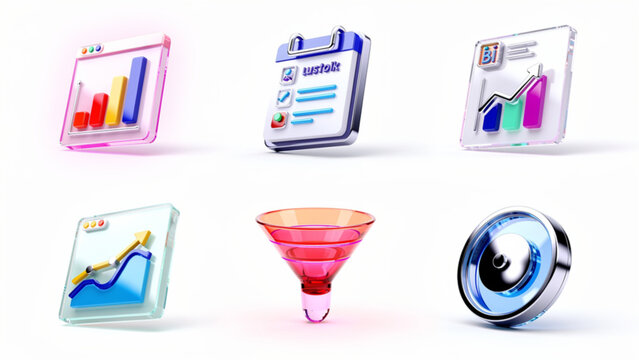 colorful 3d glass icons representing data analytics charts and graphs for digital business and technology applications