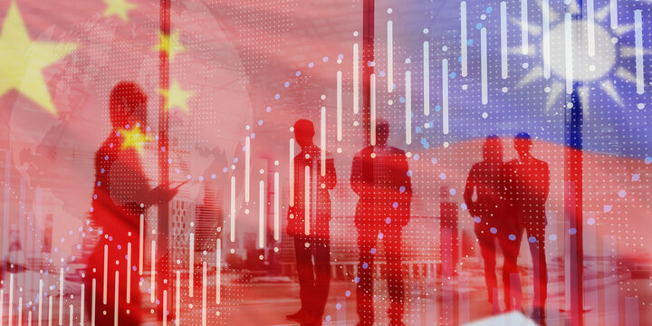 China Taiwan Economic Relations and Business Discussions with Flag and People Silhouettes