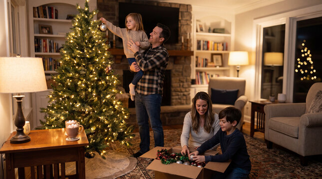 Father lifting his daughter while decorating a Christmas tree as mother and son unpack ornaments
