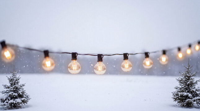 Glowing string lights hanging above a snowy winter landscape with evergreen trees