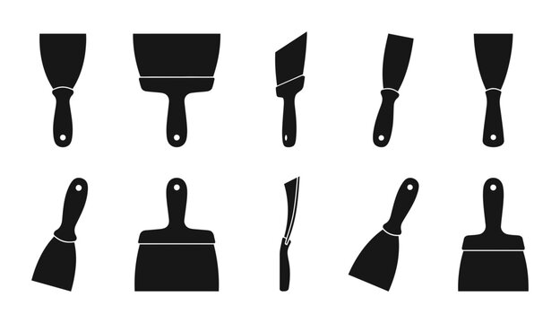 Putty Knife Silhouette Icon Set Featuring Professional Wall Scrapers and Spackling Tools for Drywall Construction and Home Renovation Repair Tasks