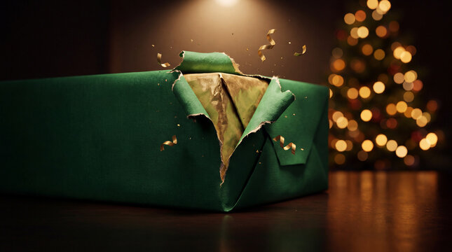 3D torn Christmas gift wrapping revealing golden package with festive lights