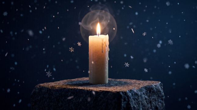 3D burning candle with snowflakes on dark winter background
