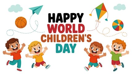 Naklejka premium Happy children's day celebration with joyful kids, colorful kite, ball, paper airplane childhood d
