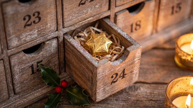 Open advent calendar drawer revealing a gold wrapped chocolate star