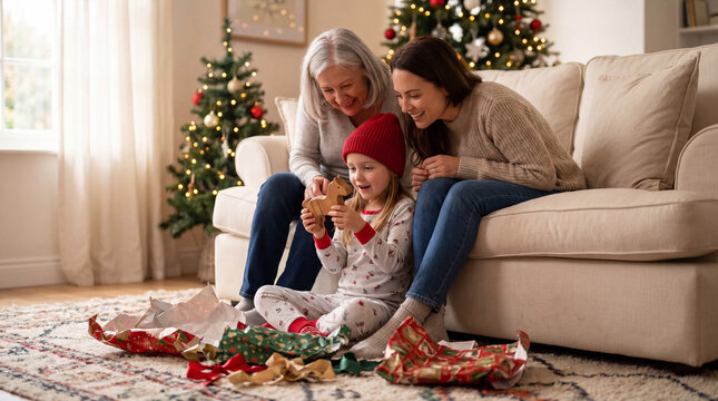 Grandmother and mother watching a little girl open a Christmas gift at home