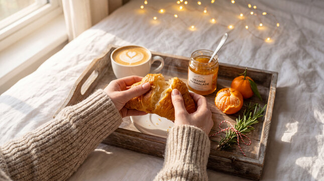 Hands breaking a croissant beside coffee and orange marmalade on a breakfast tray