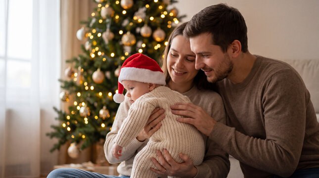 Mother and father holding their baby wearing a Santa hat beside a decorated Christmas tree