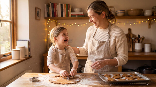 Mother and daughter baking Christmas cookies together in a cozy home kitchen