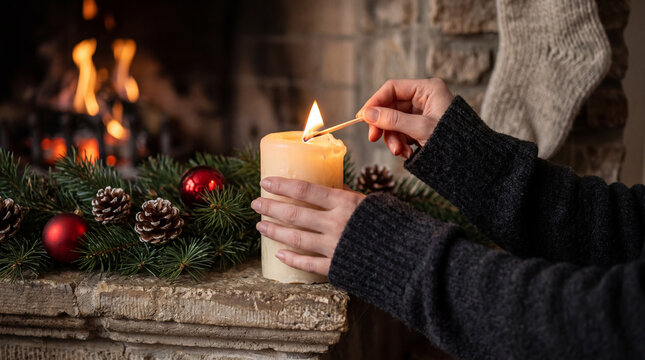Hands lighting a Christmas candle beside a festive fireplace mantel