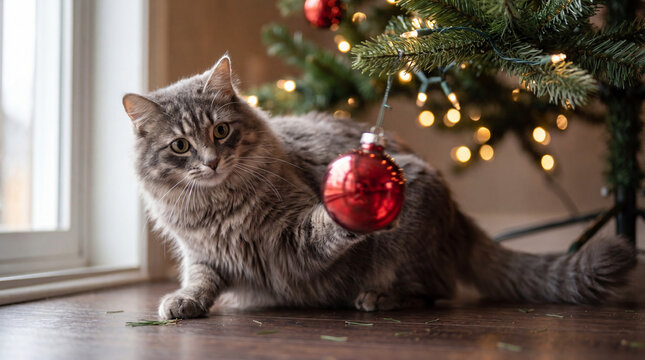 Playful gray tabby cat reaching for a Christmas ornament beneath a decorated tree