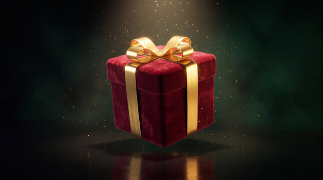 3D luxury Christmas gift box with golden ribbon on dark background