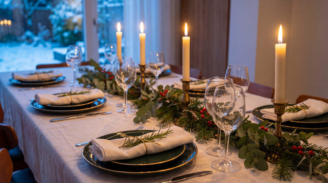 Elegant Christmas dining table decorated with candles and evergreen centerpiece