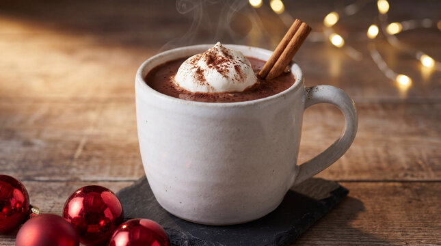 Steaming hot chocolate topped with whipped cream and cinnamon on a rustic wooden table
