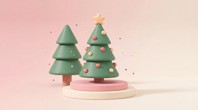 3D Christmas trees with ornaments and star on pastel podium