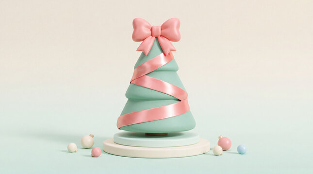 3D Christmas tree wrapped with pink ribbon and bow on pastel podium