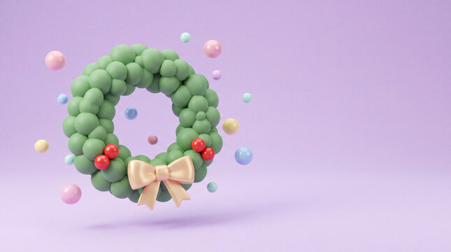 3D Christmas wreath decorated with bow berries and colorful ornaments