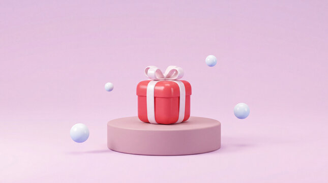 3D Christmas gift box with ribbon on pastel podium