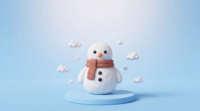 3D snowman with scarf standing on pastel podium among clouds