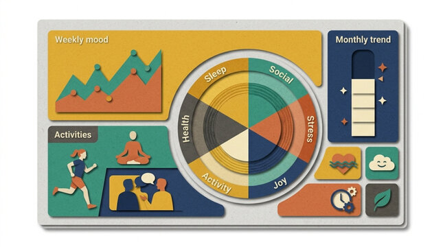 Infographic displaying health sleep activity and mood patterns for lifestyle and wellness analysis