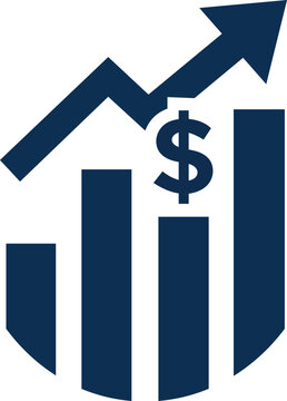 Dieses Icon zeigt ein Balkendiagramm mit einem nach oben gerichteten Pfeil und einem Dollar-Symbol in der Mitte. Es steht f&uuml;r Wachstum, steigende Kurse, Profit und positive finanzielle Entwicklung &ndash; i