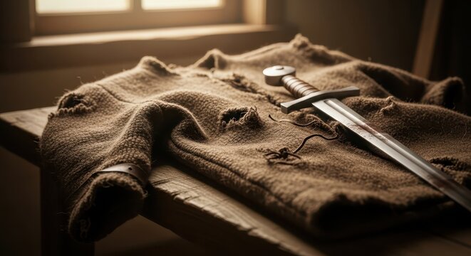 A Torn Woolen Tunic with a Medieval Sword Resting Upon It