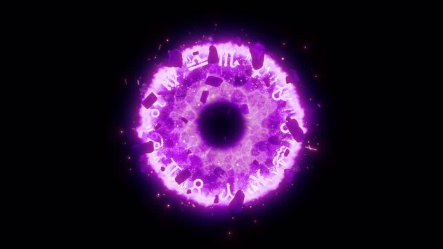 Expanding Purple Runic Zodiac Portal with Floating Stone Fragments, MOV with Alpha Channel on Transparent Background