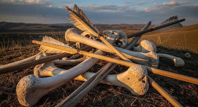 Ancient human bones and weathered arrows scattered in a dry landscape