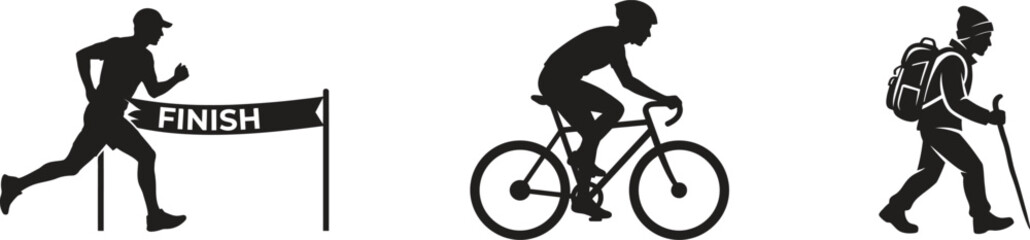 Fototapeta premium Outdoor Sports and Adventure Silhouette Vector Set: Running Finish Line, Cycling, and Hiking