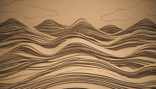 Layered cardboard paper craft depicting rolling ocean waves and simple line drawn clouds in a minimalist brown paper texture style