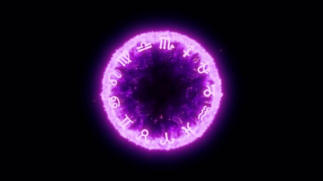 Expanding Purple Magic Zodiac Rune Ring with Glowing Energy, MOV with Alpha Channel on Transparent Background