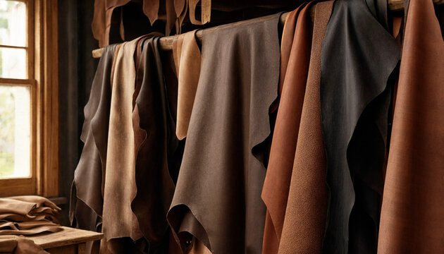 Assorted pieces of raw leather hides hanging on a wooden rack in a traditional tannery workshop with natural light from a side window