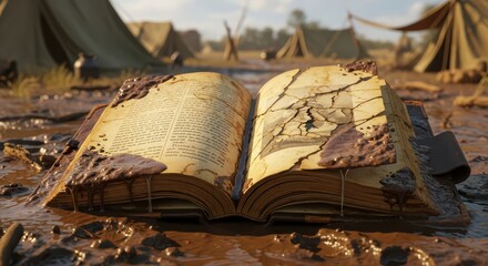 A Worn Leather Bound Book Found in a Muddy Field Near Tents © RazakSulaiman