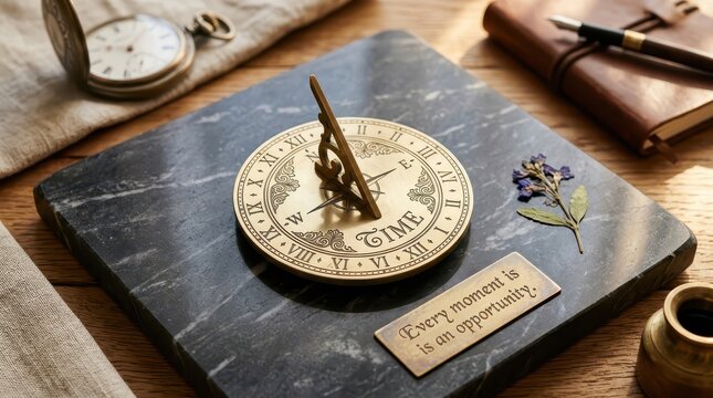 Antique Brass Sundial with Roman Numerals and Inspirational Quote on Marble