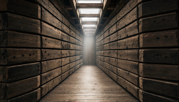 Long wooden corridor with dark timber walls and a central skylight creating a narrow path leading towards a bright light at the end