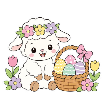 Adorably cute easter lamb with flower crown and basket of eggs, illustration