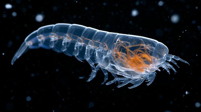 Transparent marine copepod with glowing internal anatomy, microscopic plankton organism isolated on black background.