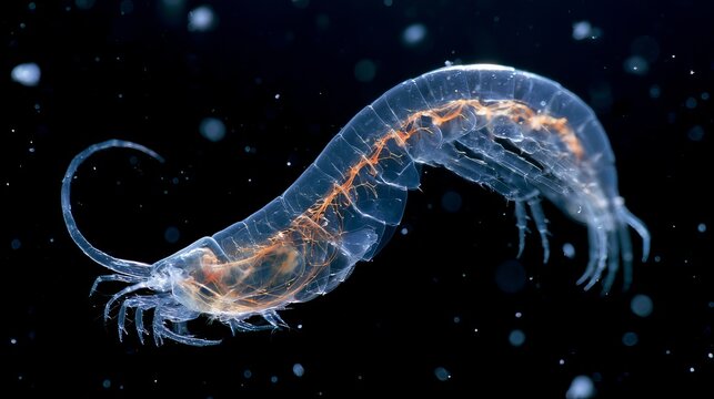 Transparent marine copepod with glowing internal anatomy, microscopic plankton organism isolated on black background.