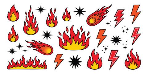 Set of fire flames, lightning bolts, and star icons in a colorful cartoon sticker style © Sharmin