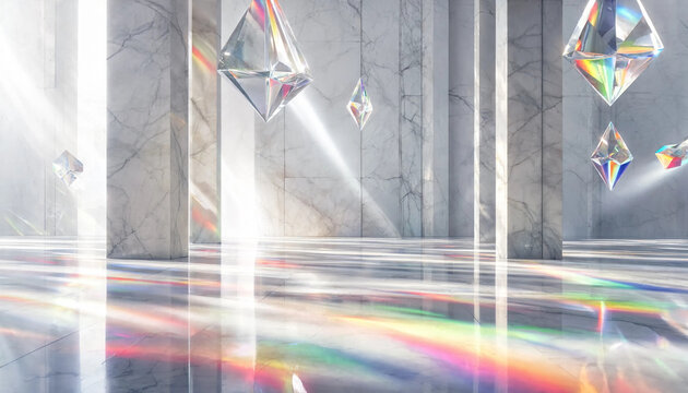 Abstract architectural interior with polished marble floors and walls featuring floating geometric crystal prisms reflecting rainbow light beams