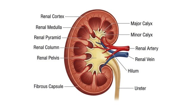 Anatomical cross section of human kidney diagram showing internal structures with labels.