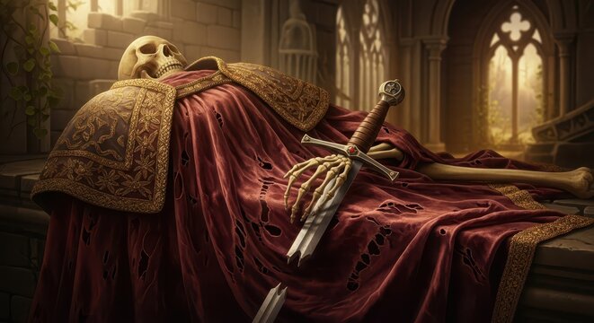 Ancient skeleton adorned in tattered velvet cloak with sword in gothic tomb